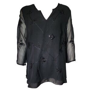 Anne Carson Top Womens Plus Size 2X Solid Black Beaded Embroidered 100% Silk